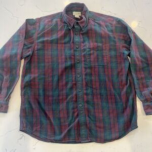 LL Bean Flannel Shirt Mens L Red Green Scotch Plaid Traditional Fit Button Up *